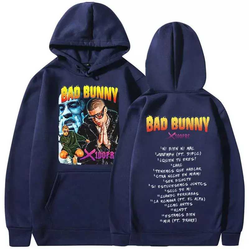 Rapper Bad Bunny Music Album X 100PRE Graphic Hoodie Men Women Harajuku Hip Hop Sweatshirts Fashion Vintage Oversized Pullovers