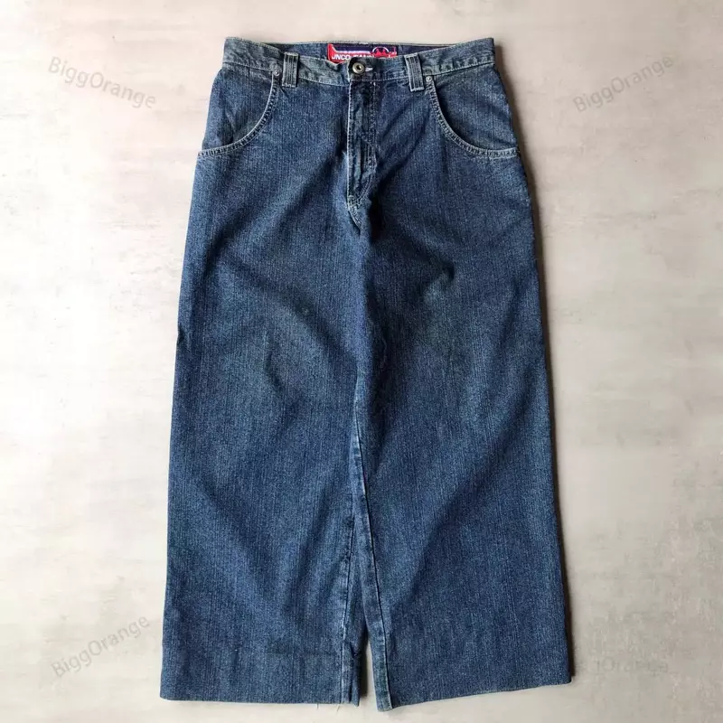 Jeans longgar JNCO Pria Wanita pola bordir Hip Hop, Jeans kaki lebar pinggang tinggi Retro Harajuku mode baru 2023