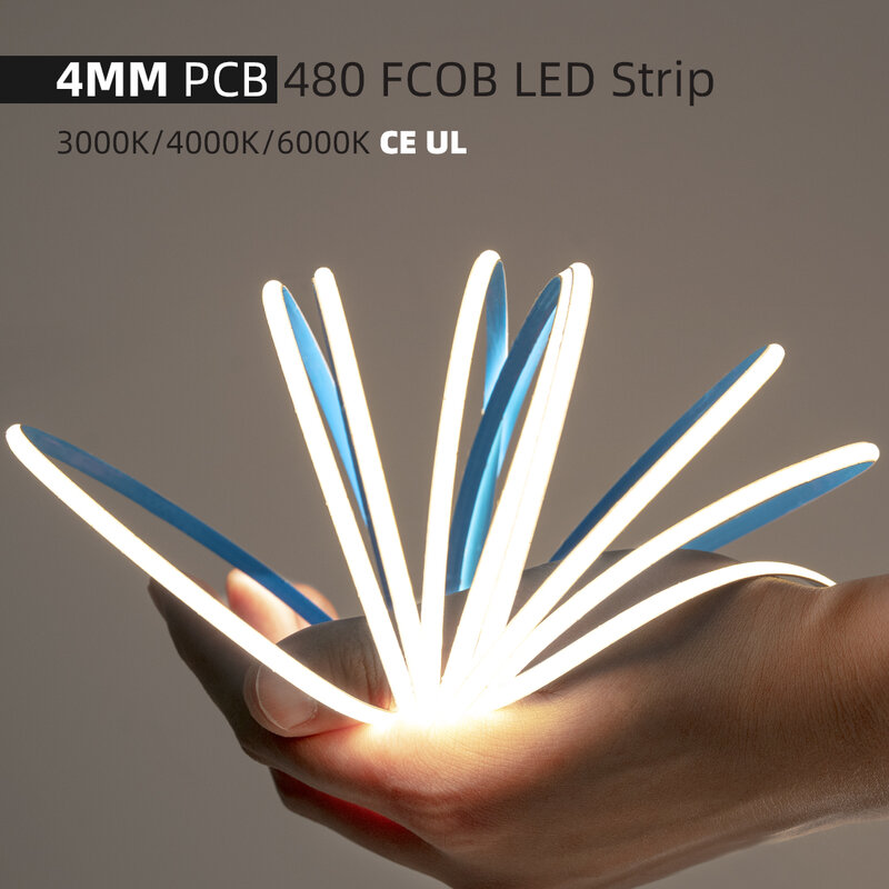 FCOB 4Mm 480 LED Fleksibel COB LED Strip Cahaya Kepadatan Tinggi FOB Cahaya Linier Pita 3000K 4000K 6000K RA90 Dimmable 12V 24V UL CE