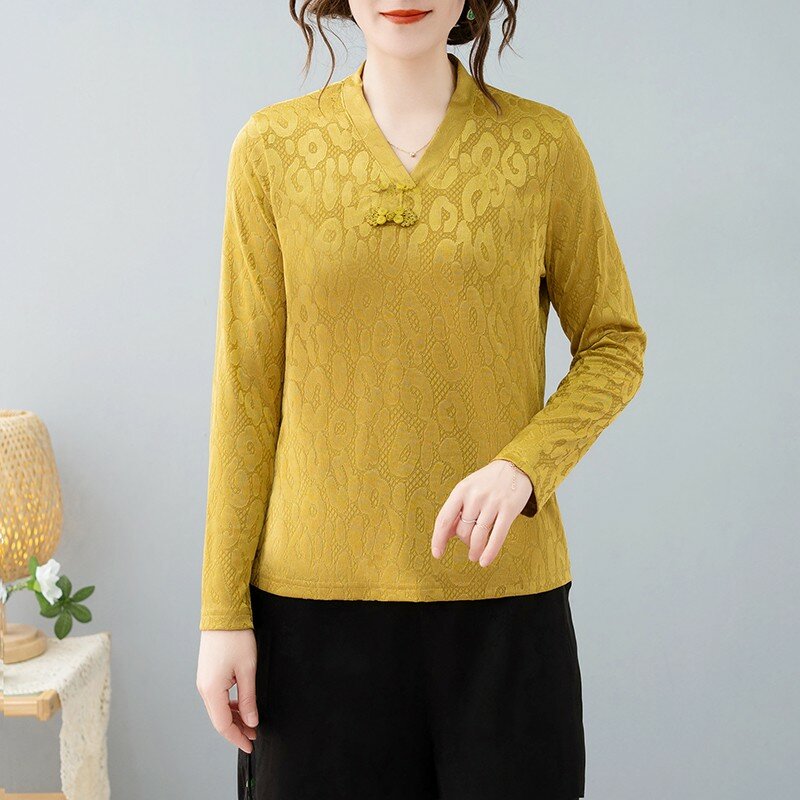 Модная однотонная женская одежда с V-образным вырезом и пуговицами, модель 2024 года, осенние свободные повседневные пуловеры, блузка для поездок