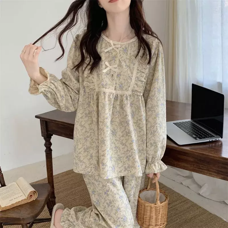 Conjunto de pijama feminino manga longa, pijamas florais, calça vintage, roupa de noite com o pescoço, babado primavera, coreano, casa, 2 peças
