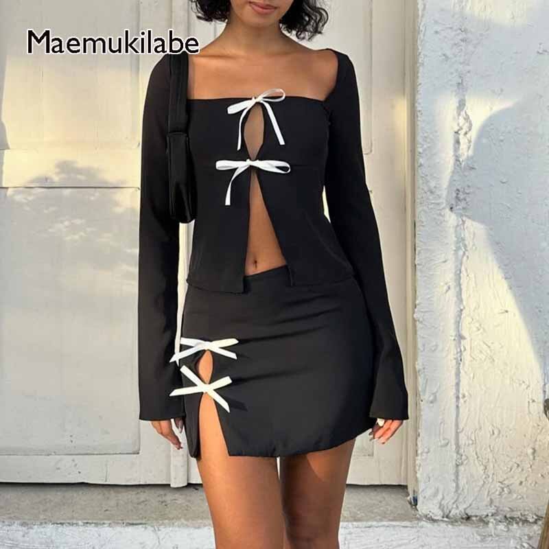 Maemukilabe Women 2 Piece Matching Set Fairycore Outfits Tie Bow Cutout Front T-shirt Crop Tops + Mini Skirt Y2K Kawaii Clubwear