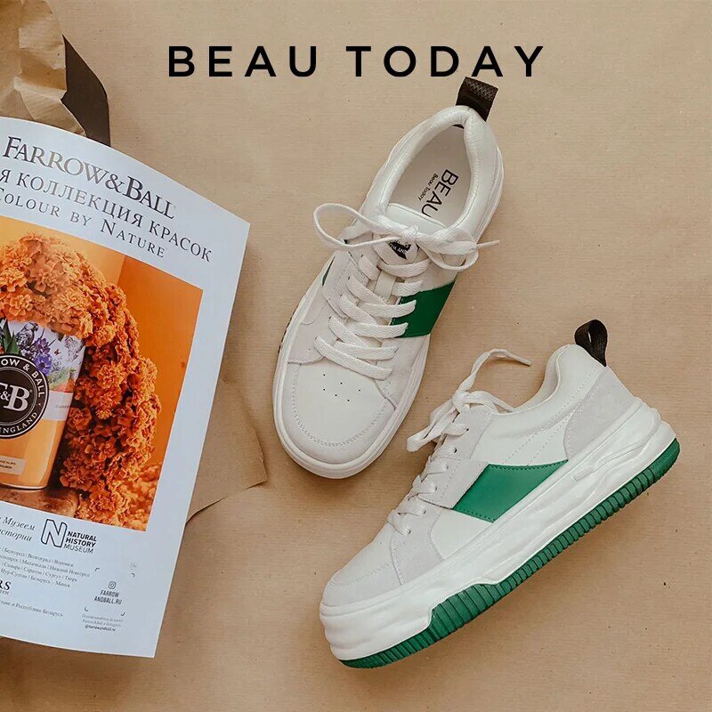 BeauToday Sneakers Chunky Wanita Tambal Sulam Kulit Ujung Bulat Desain Simpul Silang Sol Platform Sepatu Wafel Wanita Buatan Tangan 29161
