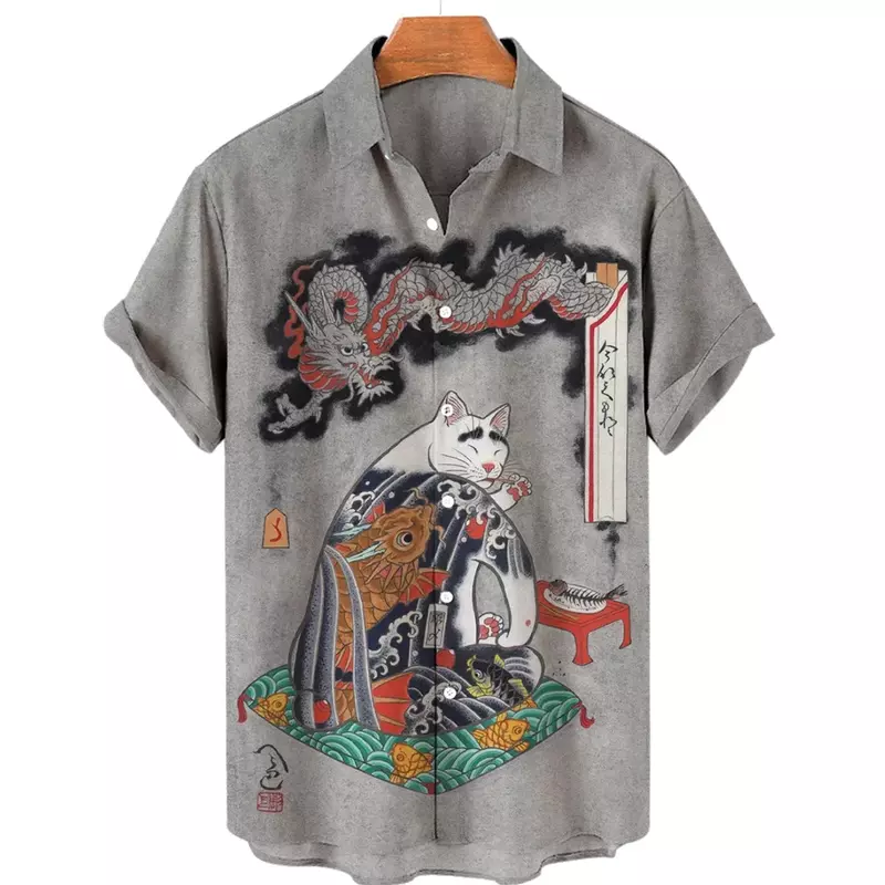 남성용 캐주얼 반팔 셔츠, 편안한 상의, 라펠 단추 다운 셔츠, 일본 미술 사무라이 고양이 패턴 프린트