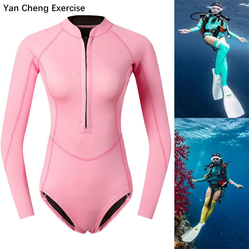 Setelan menyelam wanita 2mm, peralatan menyelam Neoprene warna merah muda lengan panjang baju renang Bikini Korea