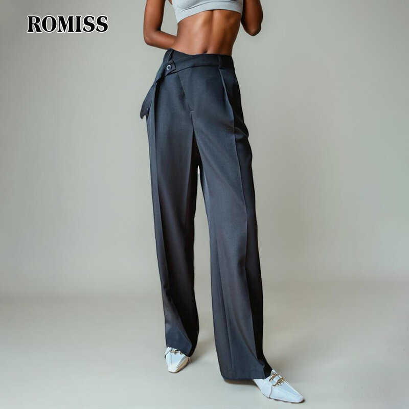ROMISS-calças largas lrregulares para mulheres, cintura alta, zíper retalho, calças compridas retas sólidas, estilo de moda feminina, 2024