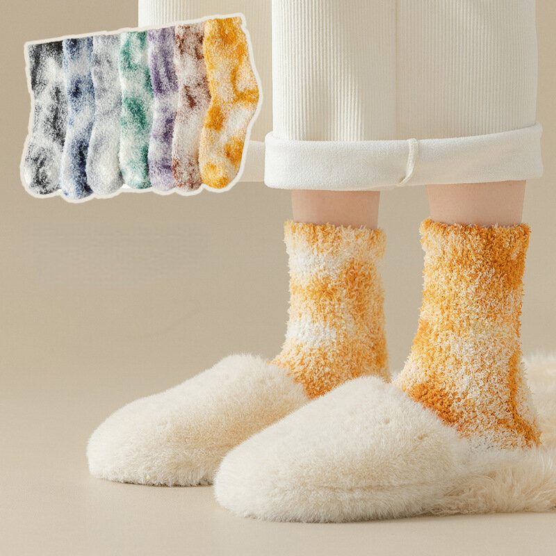 Calcetines de lana de coral tie-dye para dormir en casa, medias gruesas de dos barras, medias largas de pantorrilla, calcetines de piso cálidos de invierno, nuevo