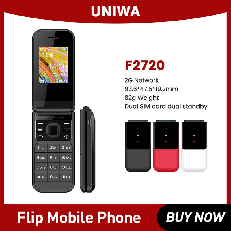 Uniwa F2720 Flip Mobiele Telefoon Dual Simkaart Drukknop Telefoon 1.77 Inch Draadloze Radio Luidspreker Englishkeyboard