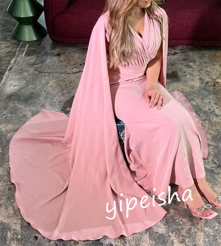 Prom Dress Evening    Jersey Draped Formal  A-line V-neck Bespoke Occasion Gown Long es Saudi Arabia  
