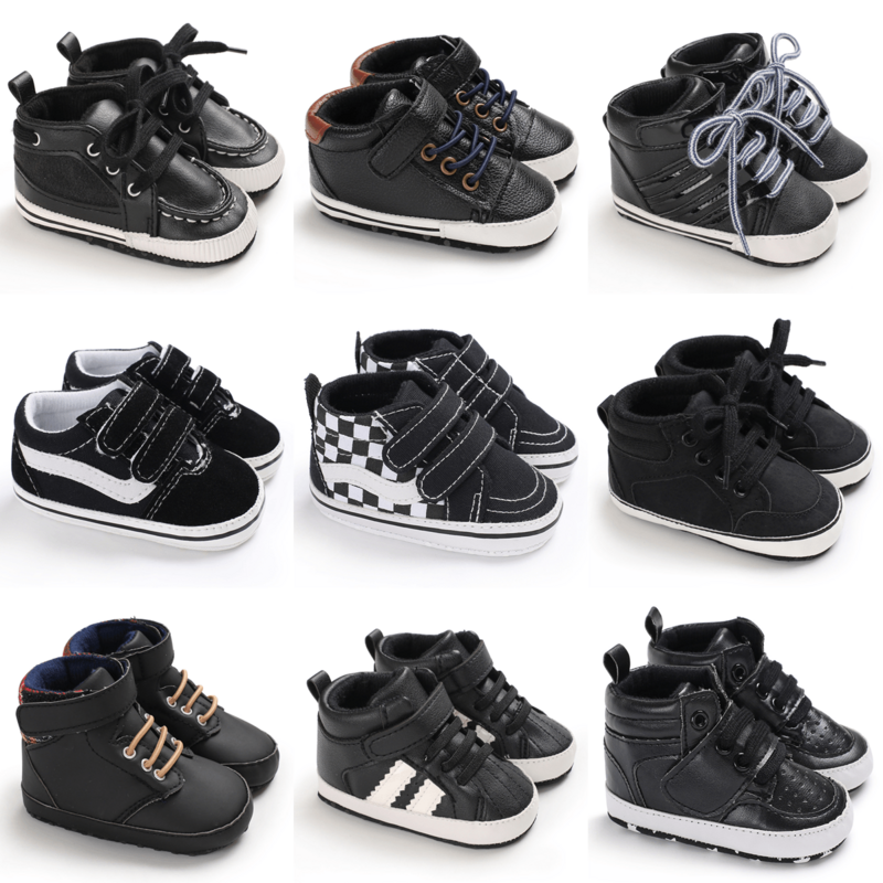 男の子と女の子のためのファッショナブルな黒の靴,柔らかい底の靴底,新生児のための快適な靴,ウォーキング