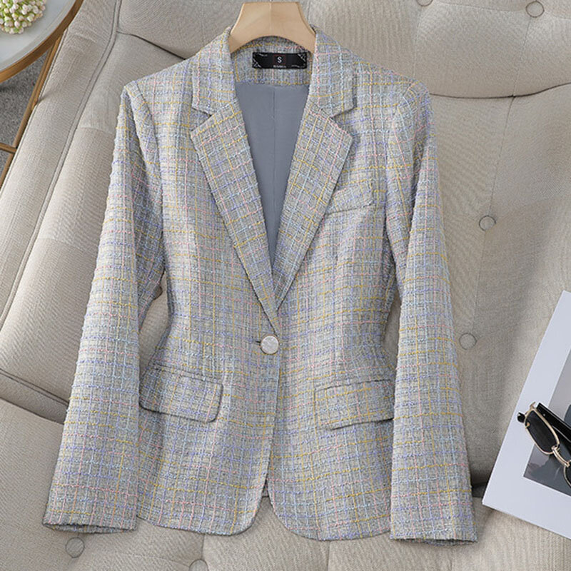 Autunno donna Blazer formale Ladies Office Lattice Suit manica lunga bottone singolo abbigliamento da lavoro giacca cappotto capispalla femminile top 4XL