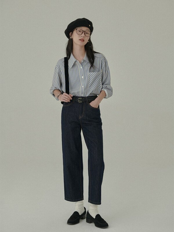 Camisa de estilo perezoso para mujer, ropa informal holgada de manga larga a rayas, moda coreana, Primavera, 2024