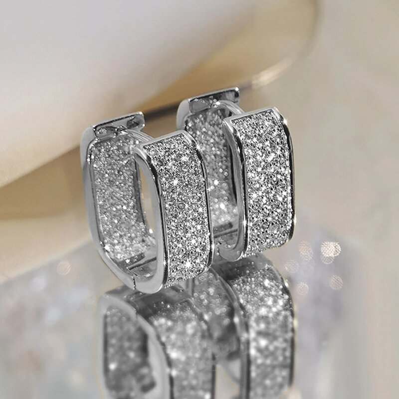Korean Fashion Paved CZ Hoop Earrings for Women Metal Silver Color/Gold/Rose Color Simple Versatile Girls Earrings Hot Jewelry