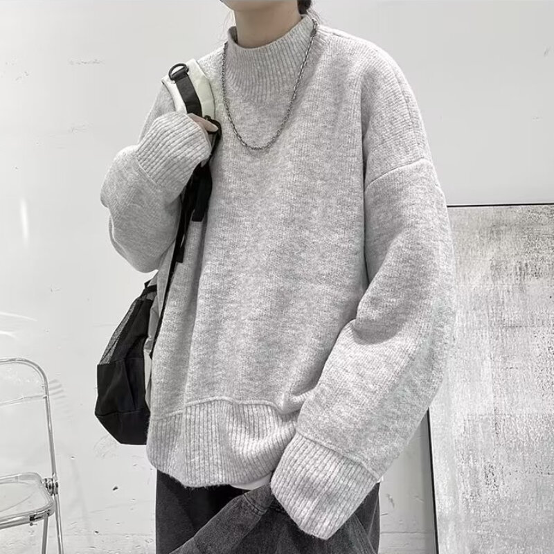 Suéteres de estilo japonés para hombre, jerséis holgados, informales, Chic, combinan con todo, cuello simulado, prendas de punto, moda Popular, otoño