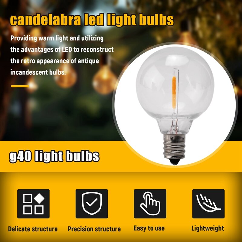 Ampoules de rechange LED G40, ampoules globe incassables, base à vis E12, guirlandes lumineuses solaires, blanc chaud, 6 pièces