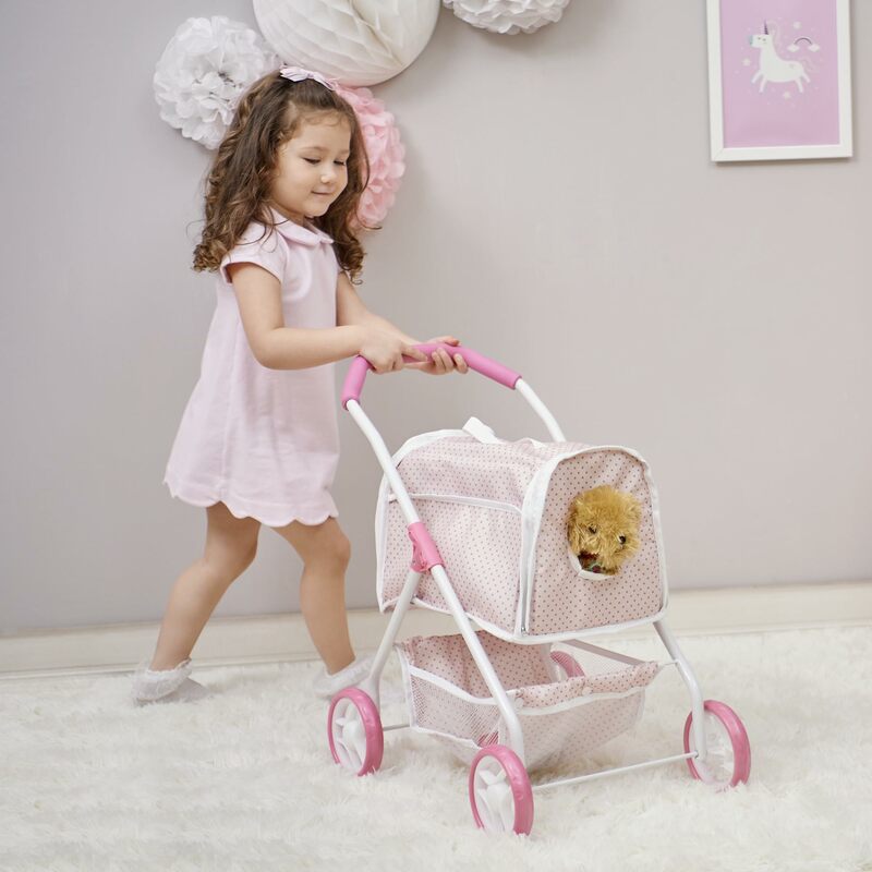 Polka Dots Princesa Stuffed Animal Stroller, portador do brinquedo destacável, rosa, cinza, 2 em 1