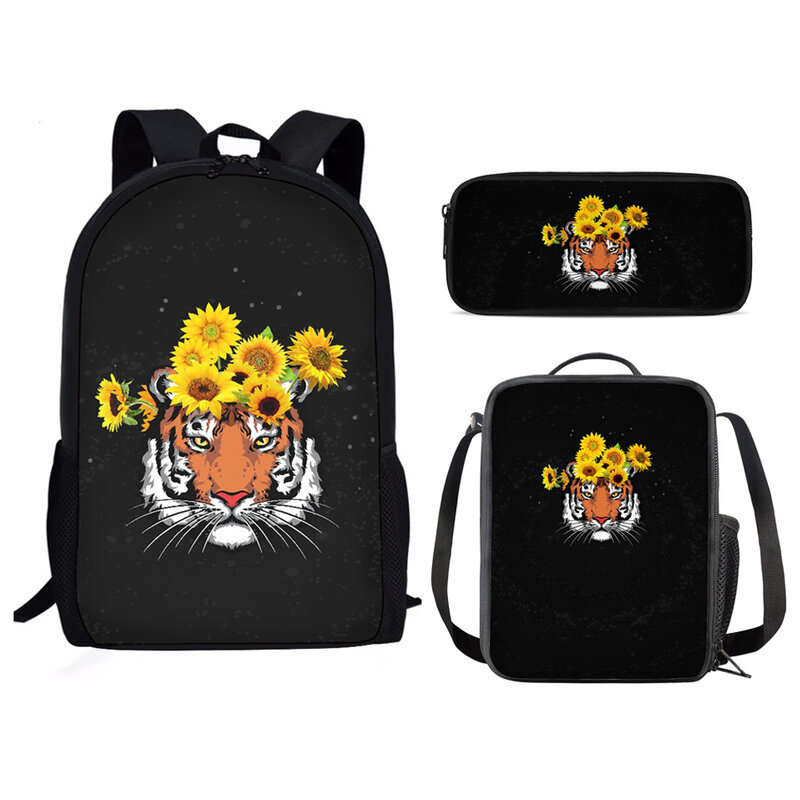 Classic Cartoon Animal Mochilas escolares, tigre, flor, 3D Print, mochila de aluno, lancheira, estojo de lápis, bolsa para laptop, 3 peças por conjunto