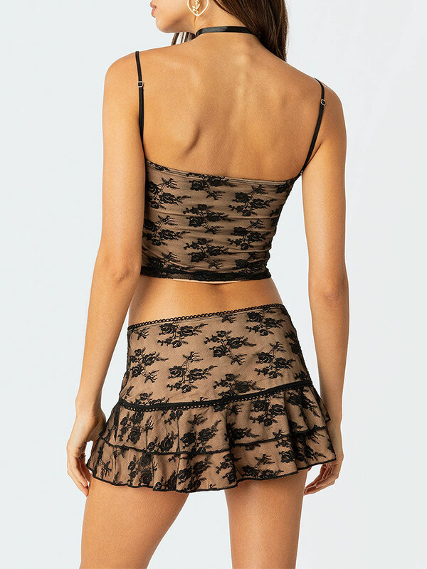 Conjunto de falda de 2 piezas con volantes para mujer, Top corto de malla transparente con hombros descubiertos, minifalda corta ajustada, Y2k