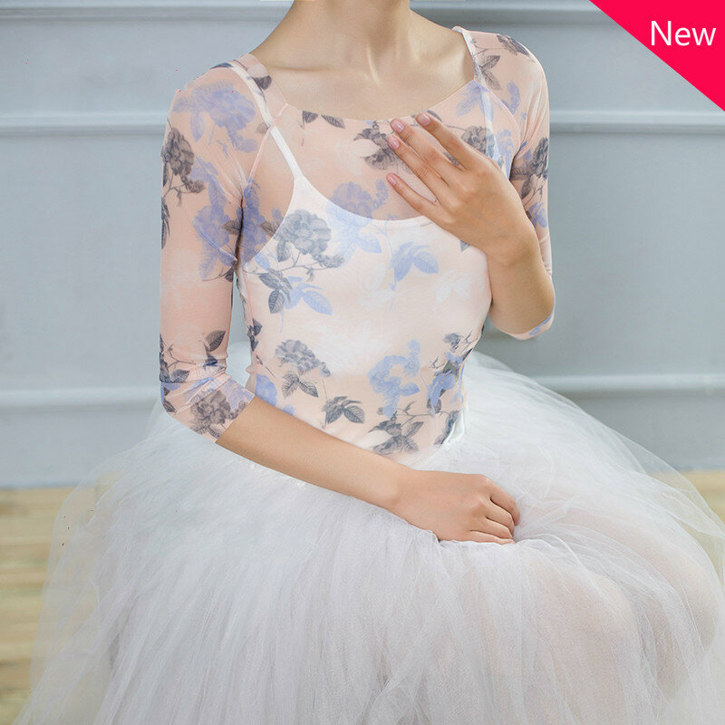Vestido de dança de balé impresso flor malha superior das mulheres pura malha transparente blusa blusa elegante tops camisa outono blusa