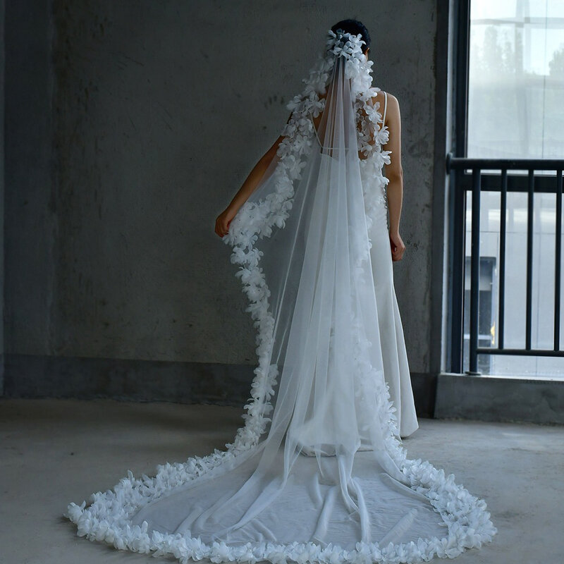 Vestido de novia BL4043, tocado con borde de flores, velo de novia de una sola capa