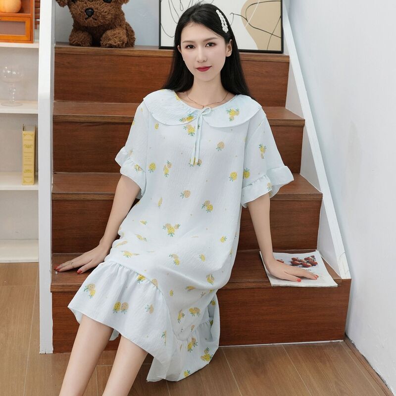Piyama Mode Korea, baju tidur kerah boneka, baju tidur musim panas untuk gaun tidur, baju tidur rumah wanita