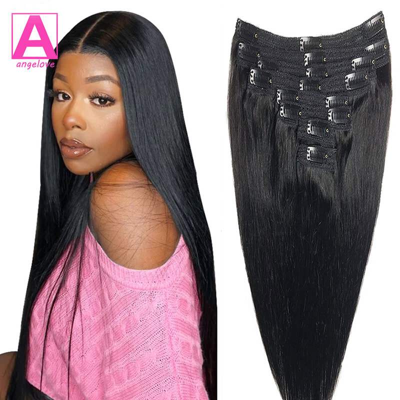 Straight Clip In Human Hair Extensions Natural black 100% Human Hair Set with 18Clips Double Weft Hair Extension for Woman