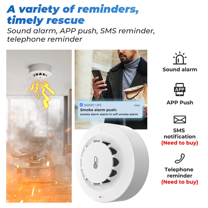 Tuya Wifi Smoke Sensor Alarm 80DB Smart Fire Temperature And Humidity Detector Security Protection Alexa Google Home Smart Life