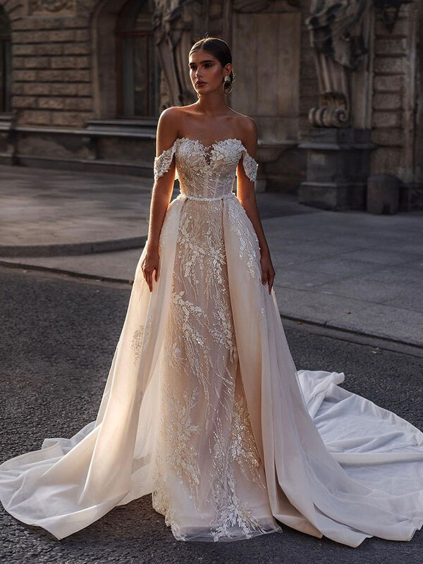 Женское свадебное платье со съемным шлейфом, с блестками