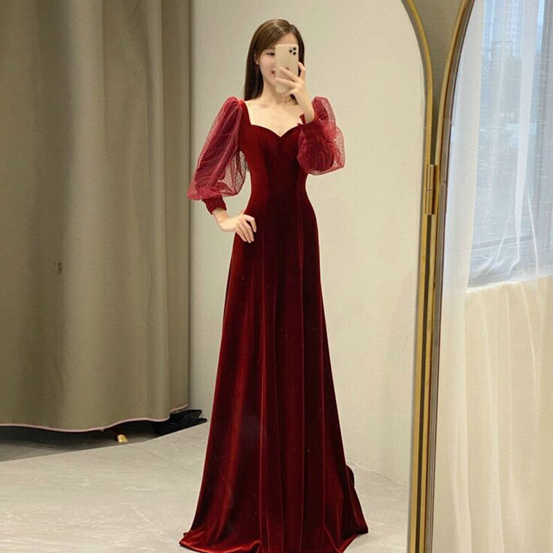 EETSANSFIN Autumn Wine-Red Long Sleeve Dress For Wedding/Engagement/Party