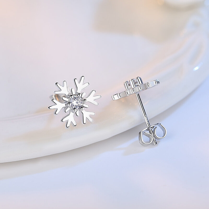 Pendientes de tuerca de copo de nieve de circón de cristal para mujer, joyería de moda de Plata de Ley 925, XY0212