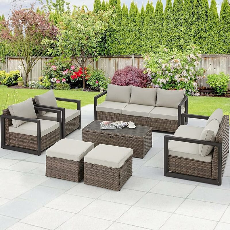 Aluminum Outdoor Patio Furniture Set, Modern Patio Conversation Sets with Storage Coffee Table, Removable Cushions & 2 Ottomans