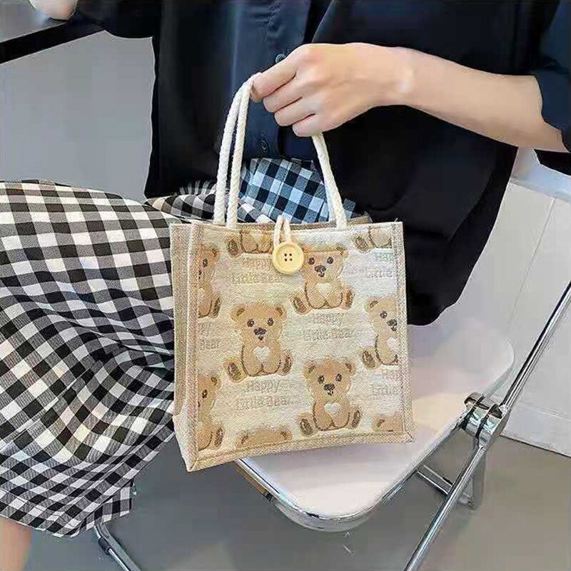Borsa Tote in lino orso borsa a mano da gita femminile in borsa a tracolla piccola giapponese borsa a tracolla per studenti Trend
