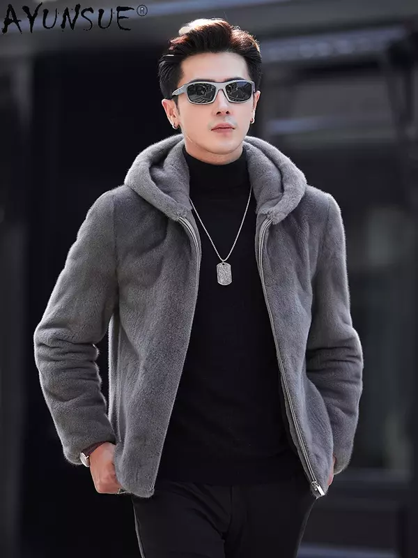 AYUNSUE-Casaco de pele real para homens, jaqueta com capuz, roupa casual, luxo, natural, inverno