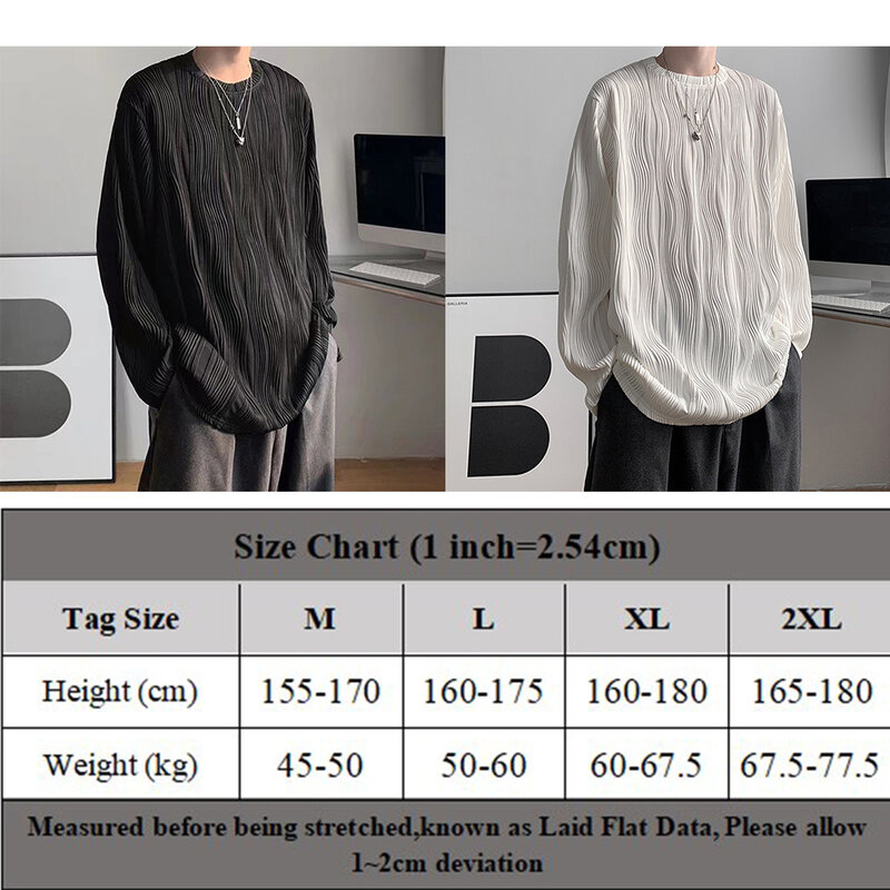 Top T-shirt Daily Holiday Loose Men O-collar Pleated Solid Color Streetwear T-shirt Texture All-match Top Casual
