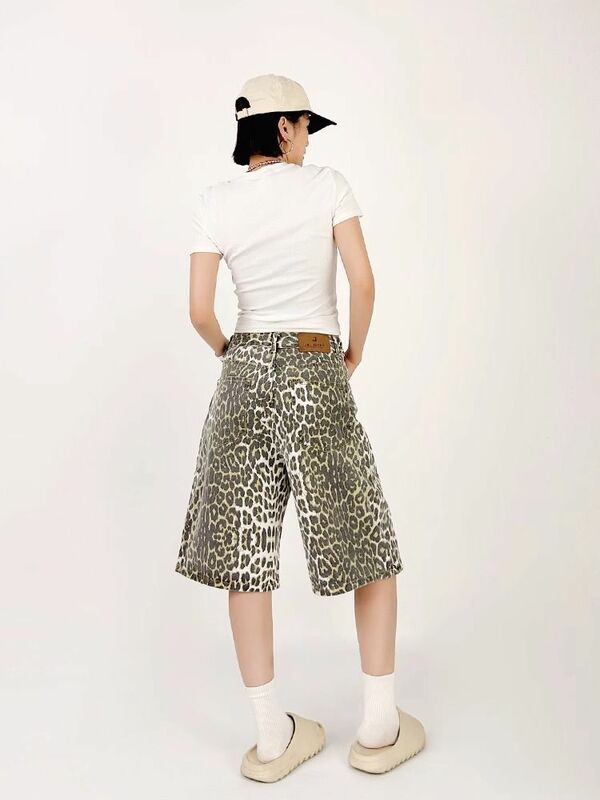 Jeans retro americano com estampa leopardo para homens e mulheres, calças médias, soltas, retas, versáteis, na moda, verão, novo, 2024