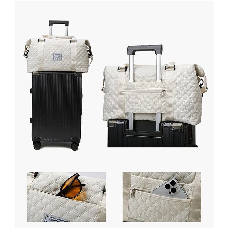 Winter Quilted Cotton Large Travel Duffle Bag for Women Weekender Overnight Bags Sports Gym Bag with Wet Pocket