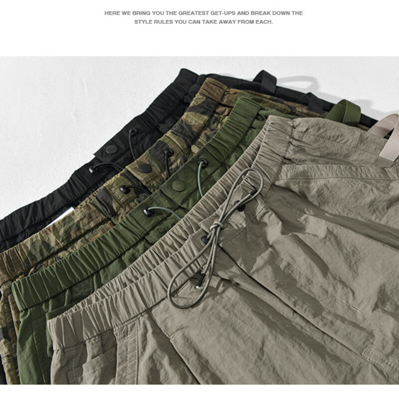 Calções de bolso grande camuflado masculino, calça casual com cordão, roupas de praia, nova, verão, AZ022, 2022