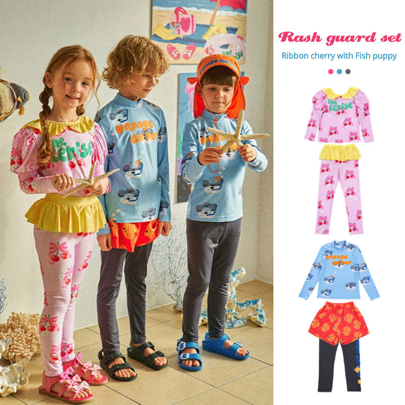Maiô infantil coreano de duas peças, roupa de banho longs, calças de praia, roupas de banho de bebê, calças meninas e meninos