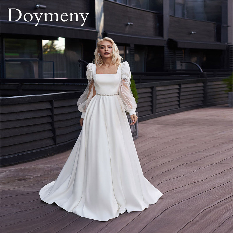 Элегантное Атласное Свадебное Платье Doymeny, тюль с пышными рукавами, квадратный воротник, аппликация, пуговицы, сзади, с поясом, со шлейфом, Robe De Mariee
