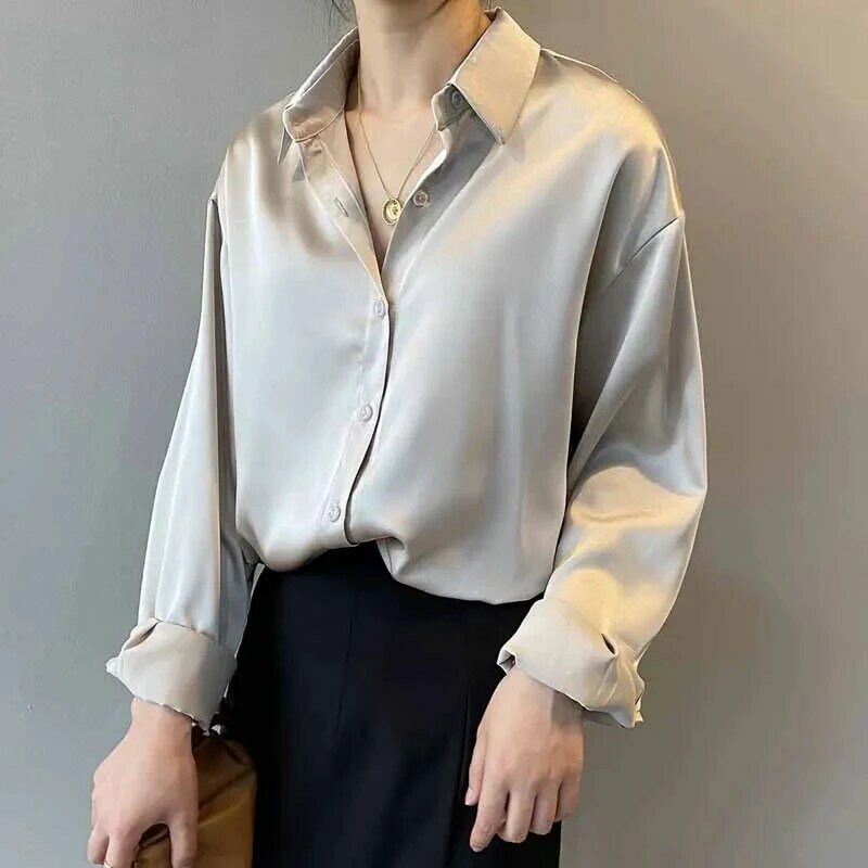 Camisa de seda coreana para mujer, blusa elegante de satén con botones a la moda, camisas Vintage blancas de manga larga para oficina, Tops 11355
