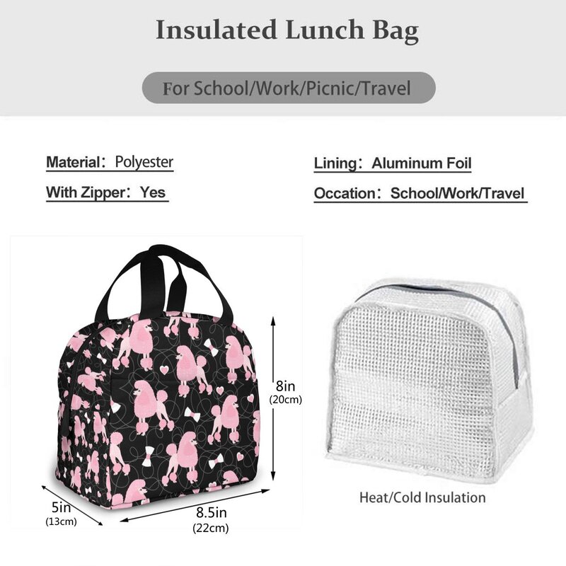 Bolsa de almuerzo con aislamiento portátil para mujeres y hombres, caja de mano enfriadora para viajes y trabajo, rosa, Caniches y lazos