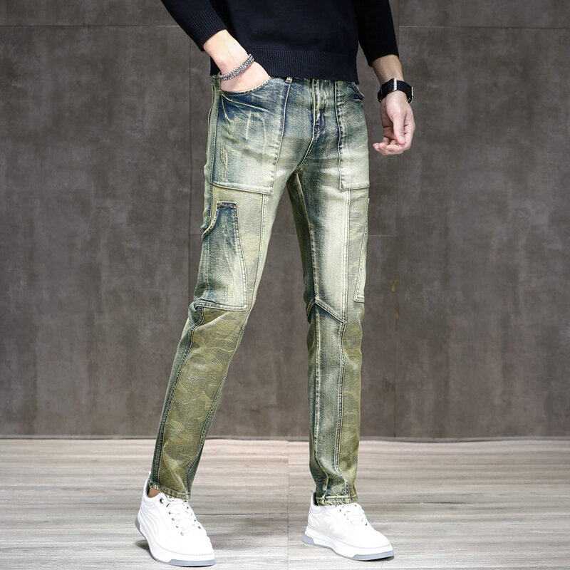 Retro Distressed Motorcycle Jeans Men's High-End Small Straight Fashion All-Match Slim Stretch Casual Street Trousers