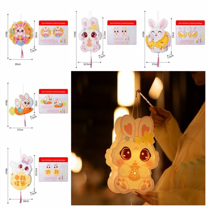 Linterna China luminosa hecha a mano para niños, Kit de Material de linterna de dibujos animados de conejo de Jade, decoración de PP, Festival de medio otoño