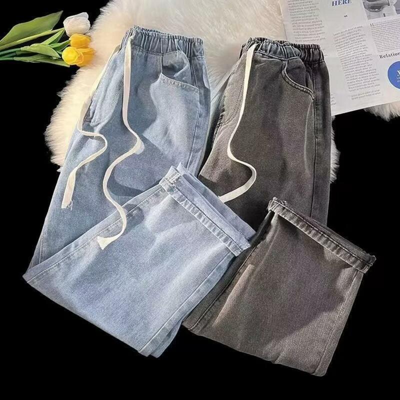 Men Elastic Waist Jeans Men's Casual Elastic Waist Drawstring Denim Pants with Pockets Solid Color Wide Leg Trousers for Comfort