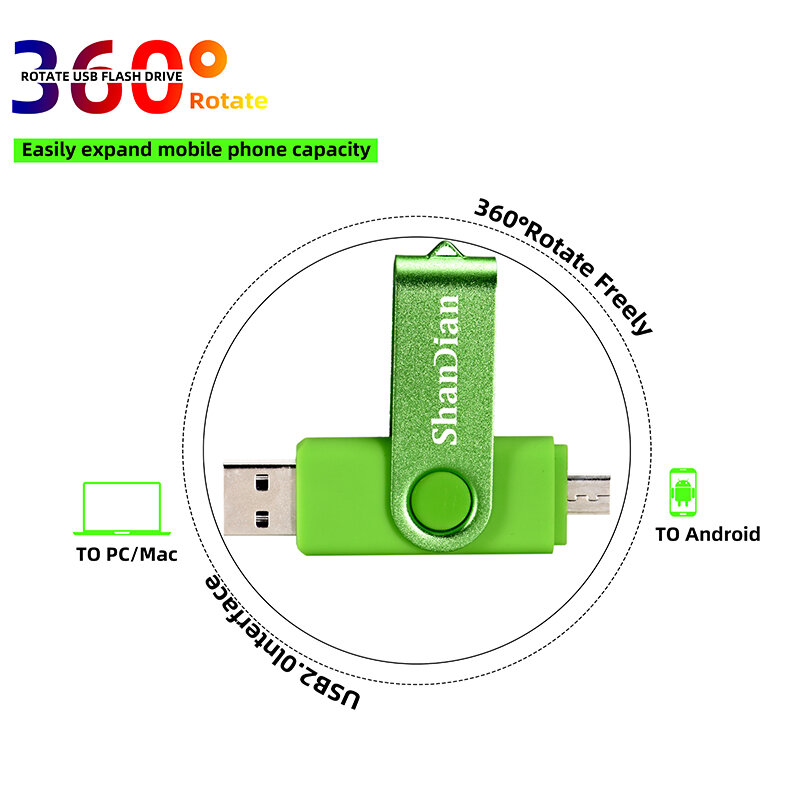 SHANDIAN-USB Flash Drive para Smartphone, 3in 1, OTG 2.0, Memory Stick, 4GB, 8GB, 16GB, 32GB, 64GB, armazenamento externo