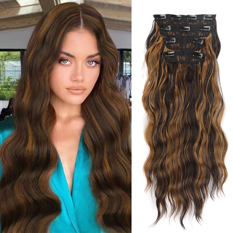 Clip in Curly Wavy Hairpiece Set Soft Thick Synthetic Hair Extensions for Women Glueless Ombre Lace Front Wigs Daily Use