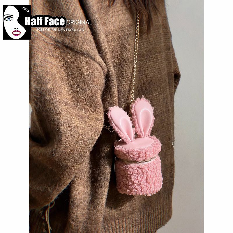 Y2K Girl Harajuku Women Gothic Punk Lolita Versatile Cute Furry Rabbit Ears Mini Lipstick Earphone Chain Crossbody Bags Tote