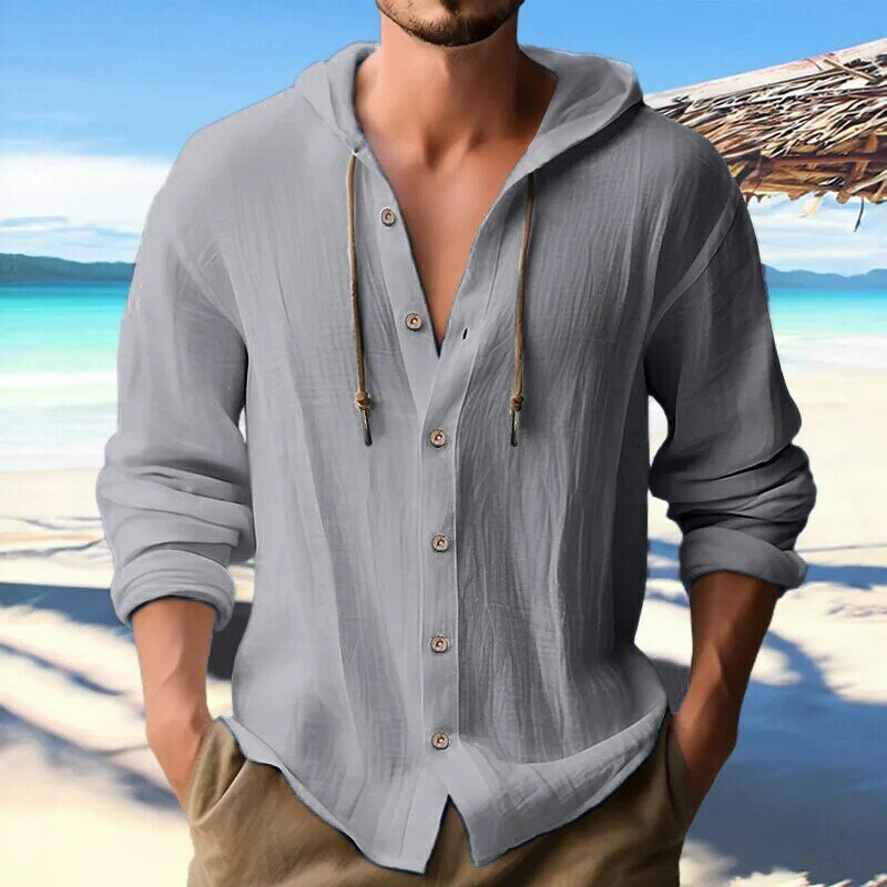 Summer Men's Linen Shirt Solid Streetwear Long Sleeve Hoodie Cardigan Clothing For Men Button Tops Casual Loose Men Hooded Shirt