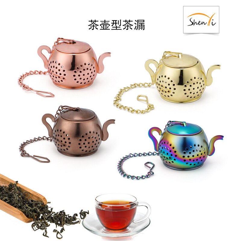 Colador de té de Metal con forma de tetera, suelto Infusor de té, fabricante de té de hojas de acero inoxidable, cadena de filtro de especias de hierbas, bandeja de goteo
