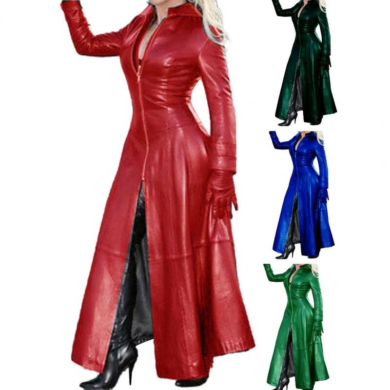 Frauen Kunstleder lange Jacke Revers Kragen Reiß verschluss Knopfleiste Cyberpunk Mantel enge Taille geteilten Saum lässig lose einfarbige Jacke